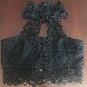 Black lace high neck crop top